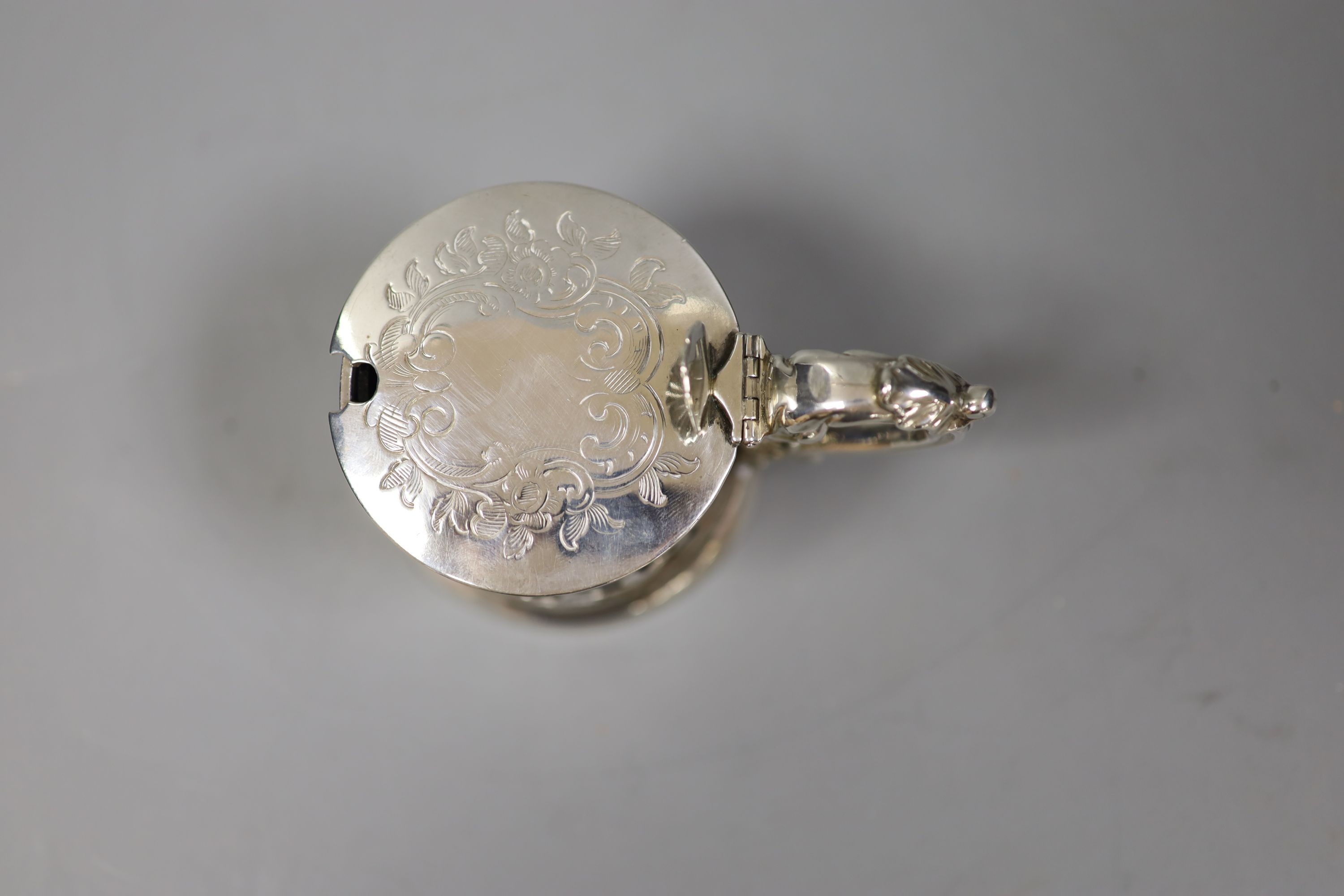 A Victorian pierced silver mustard, with blue glass liner, London, 1846, 75mm.